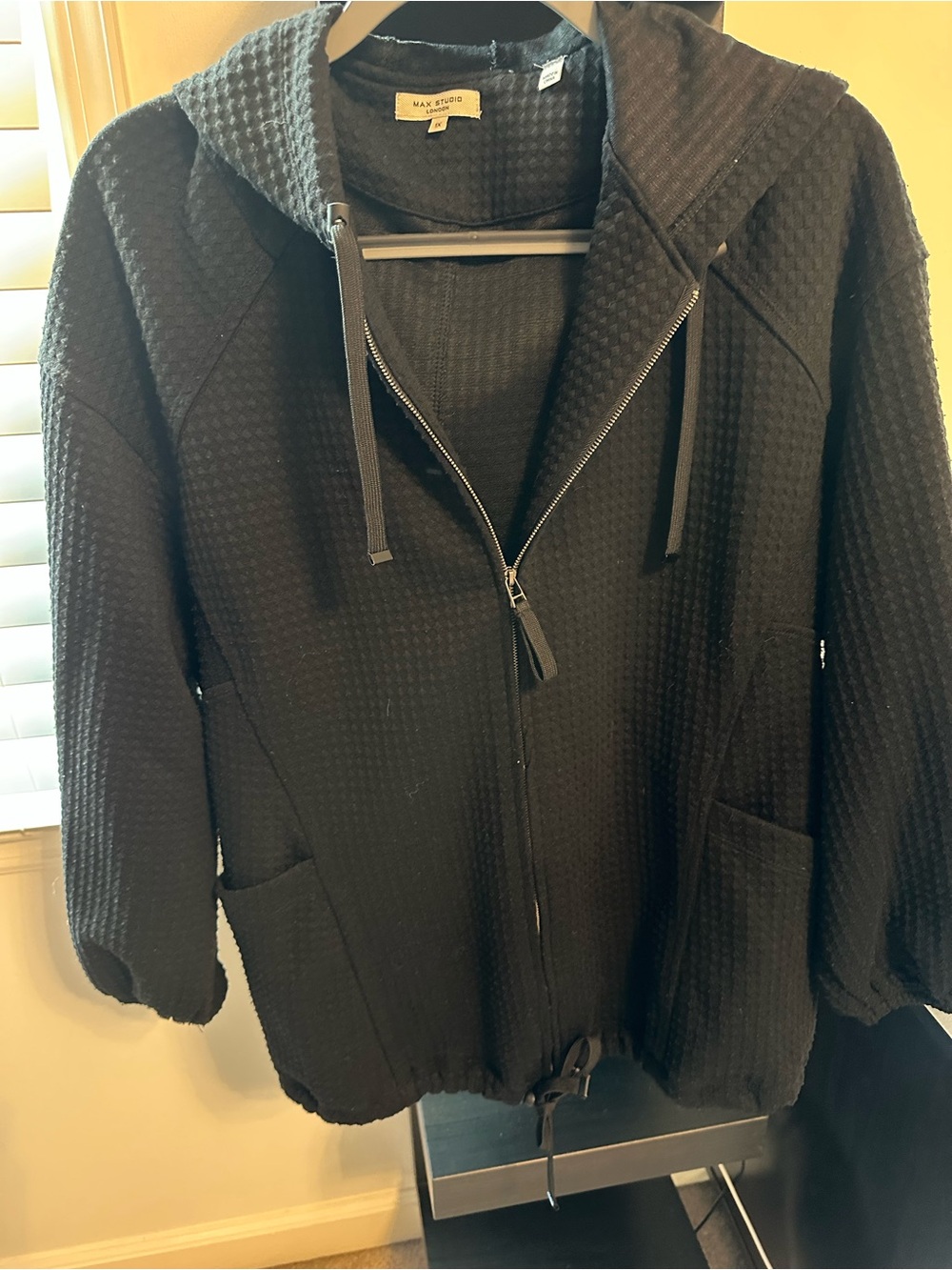 Max Studio Black Waffle Textured Hooded Zip Jacket
